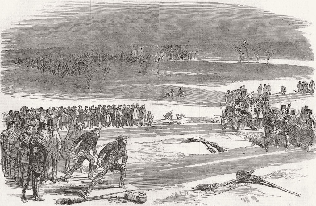 SCOTLAND. Curling match, Airthrie Loch 1850 old antique vintage print picture